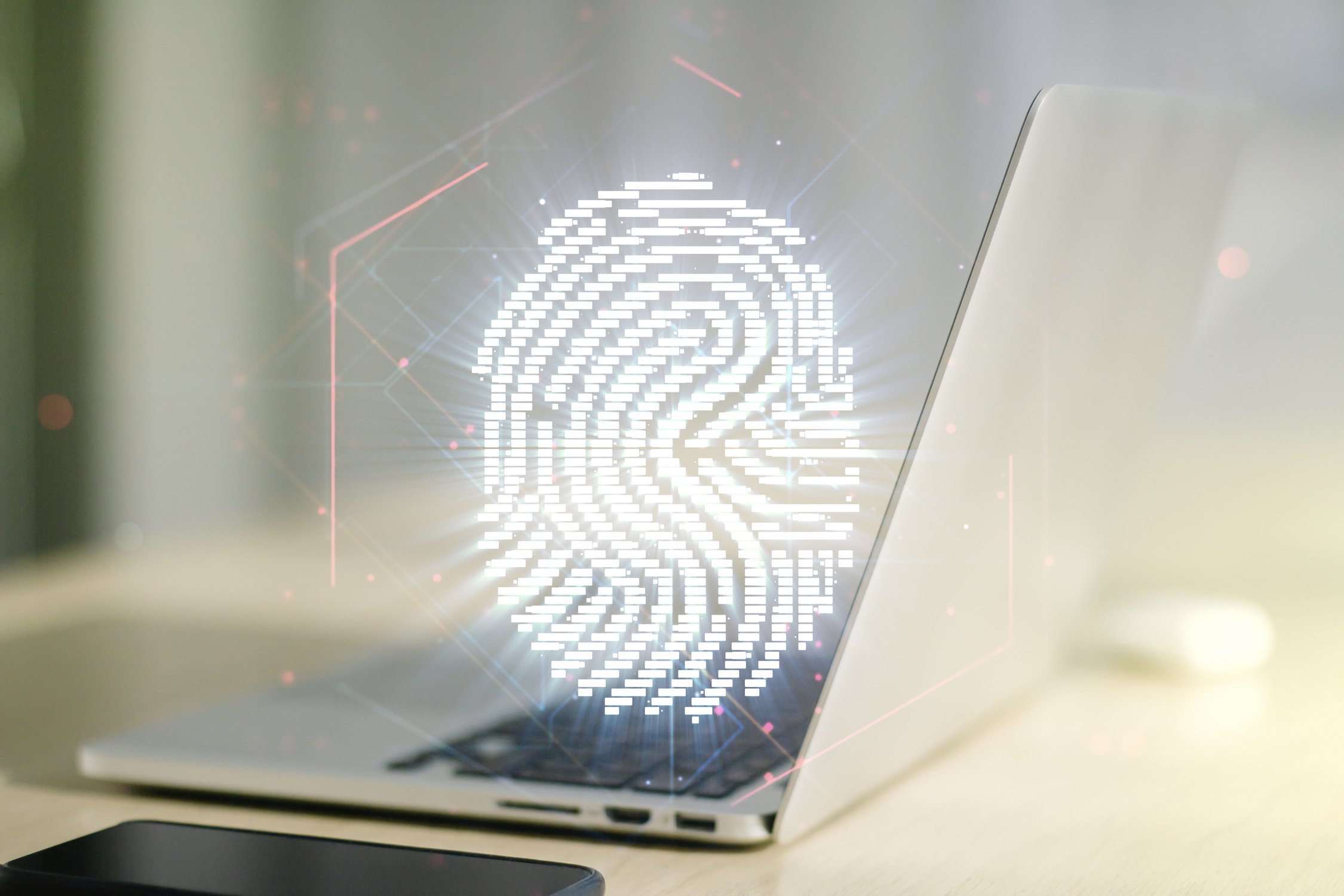 Double exposure of abstract creative fingerprint hologram on computer background, protection of personal information concept